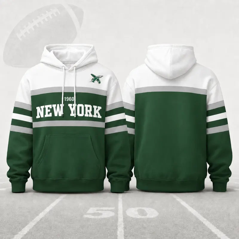 (Only Pattern Own Design No Team Logo) Unisex Football Retro City Letter Hoodie, All Team Color‑Block Striped Hooded Sweatshirt, Long‑Sleeve Casual Top For Sports Game Day And Daily Street Outfits