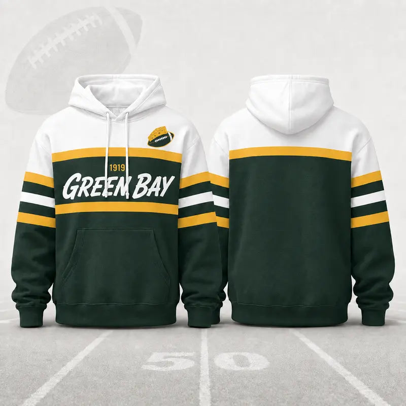 (Only Pattern Own Design No Team Logo) Unisex Football Retro City Letter Hoodie, All Team Color‑Block Striped Hooded Sweatshirt, Long‑Sleeve Casual Top For Sports Game Day And Daily Street Outfits