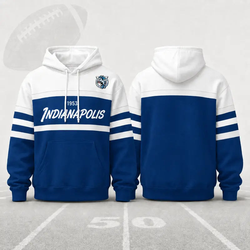 (Only Pattern Own Design No Team Logo) Unisex Football Retro City Letter Hoodie, All Team Color‑Block Striped Hooded Sweatshirt, Long‑Sleeve Casual Top For Sports Game Day And Daily Street Outfits