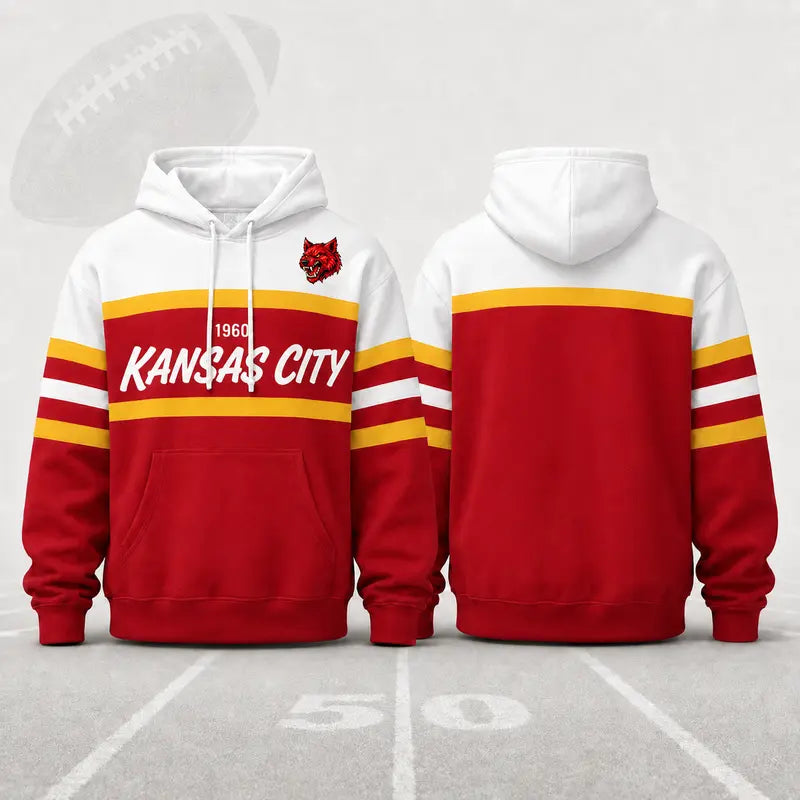 (Only Pattern Own Design No Team Logo) Unisex Football Retro City Letter Hoodie, All Team Color‑Block Striped Hooded Sweatshirt, Long‑Sleeve Casual Top For Sports Game Day And Daily Street Outfits