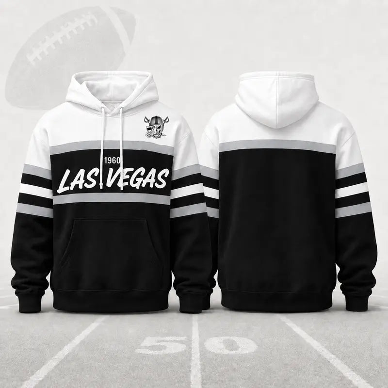 (Only Pattern Own Design No Team Logo) Unisex Football Retro City Letter Hoodie, All Team Color‑Block Striped Hooded Sweatshirt, Long‑Sleeve Casual Top For Sports Game Day And Daily Street Outfits