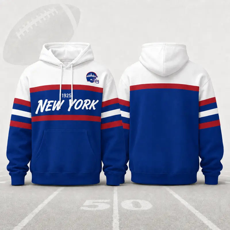 (Only Pattern Own Design No Team Logo) Unisex Football Retro City Letter Hoodie, All Team Color‑Block Striped Hooded Sweatshirt, Long‑Sleeve Casual Top For Sports Game Day And Daily Street Outfits