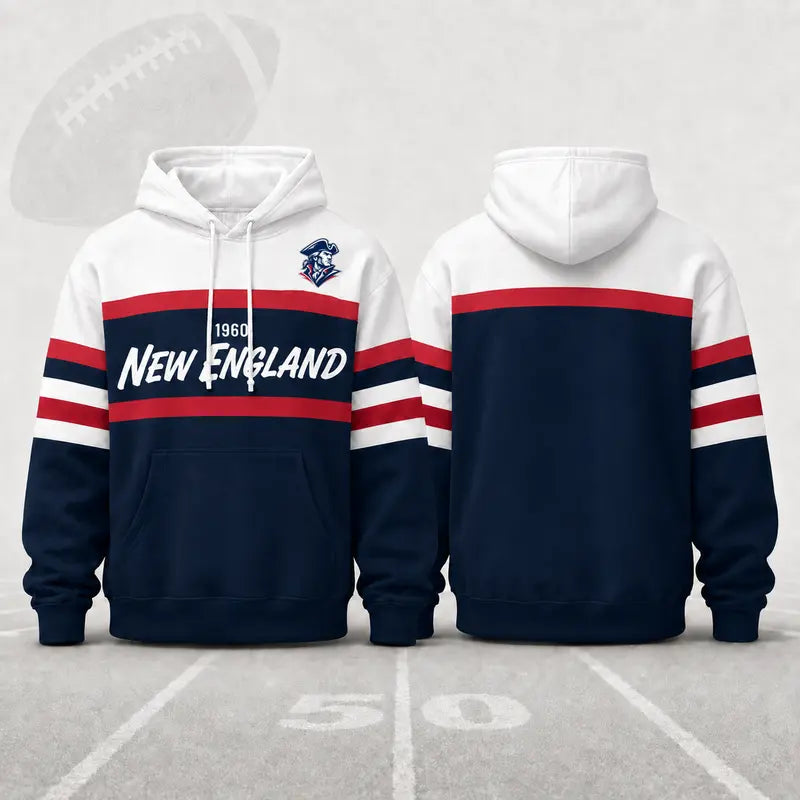 (Only Pattern Own Design No Team Logo) Unisex Football Retro City Letter Hoodie, All Team Color‑Block Striped Hooded Sweatshirt, Long‑Sleeve Casual Top For Sports Game Day And Daily Street Outfits