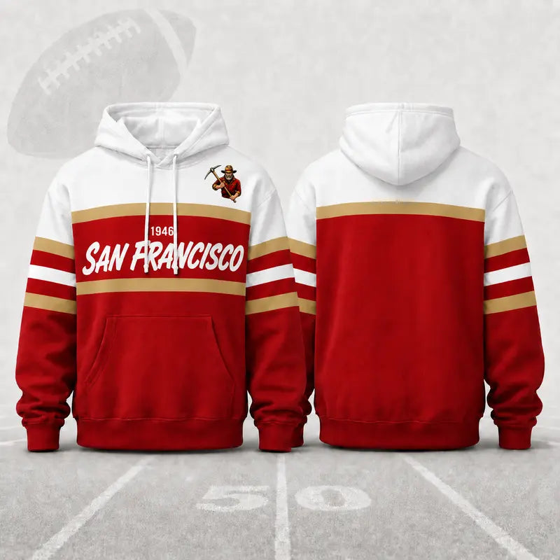 (Only Pattern Own Design No Team Logo) Unisex Football Retro City Letter Hoodie, All Team Color‑Block Striped Hooded Sweatshirt, Long‑Sleeve Casual Top For Sports Game Day And Daily Street Outfits