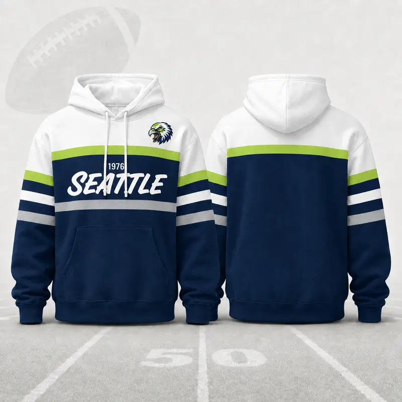 (Only Pattern Own Design No Team Logo) Unisex Football Retro City Letter Hoodie, All Team Color‑Block Striped Hooded Sweatshirt, Long‑Sleeve Casual Top For Sports Game Day And Daily Street Outfits