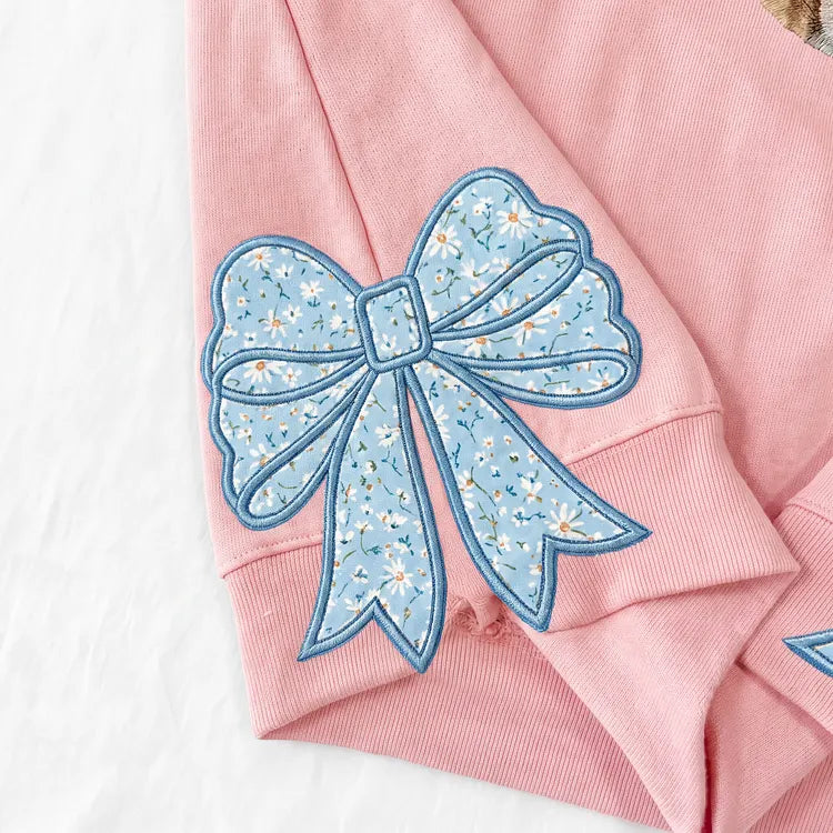 Custom Pet Portrait Floral Applique Embroidered Sweatshirt with Side Bow Detail