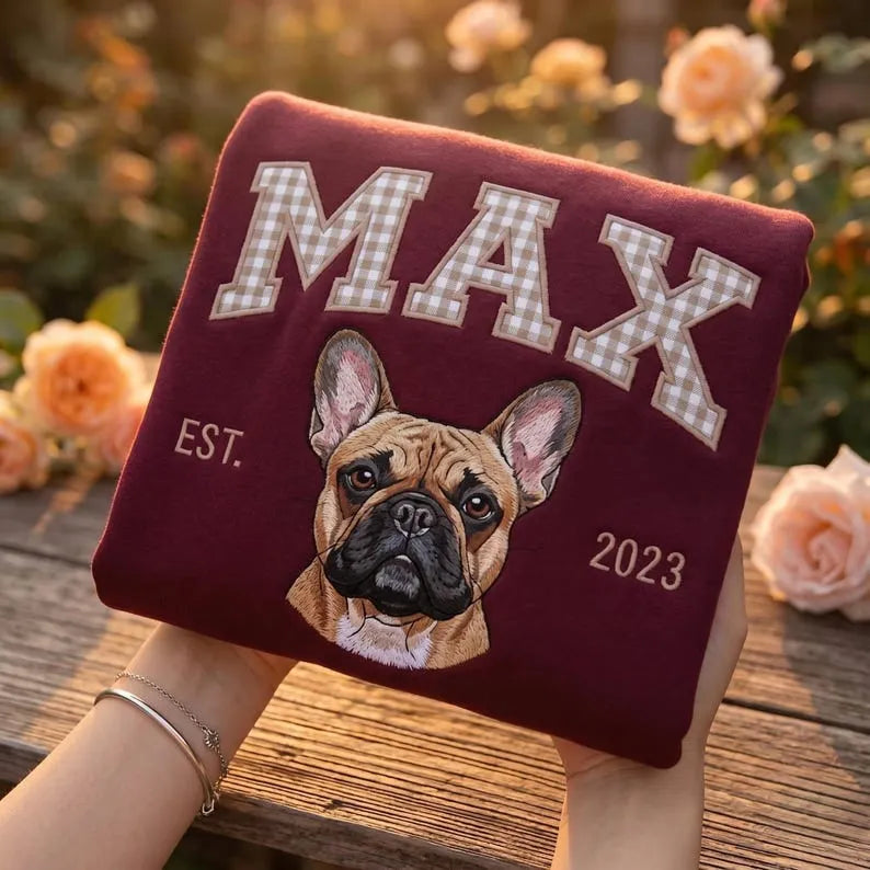 Custom Pet Portrait Embroidered Sweatshirt with Gingham Varsity Name