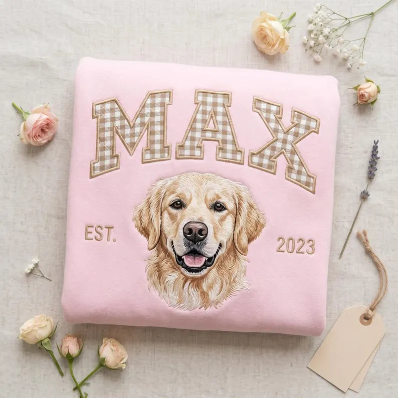 Custom Pet Portrait Embroidered Sweatshirt with Gingham Varsity Name