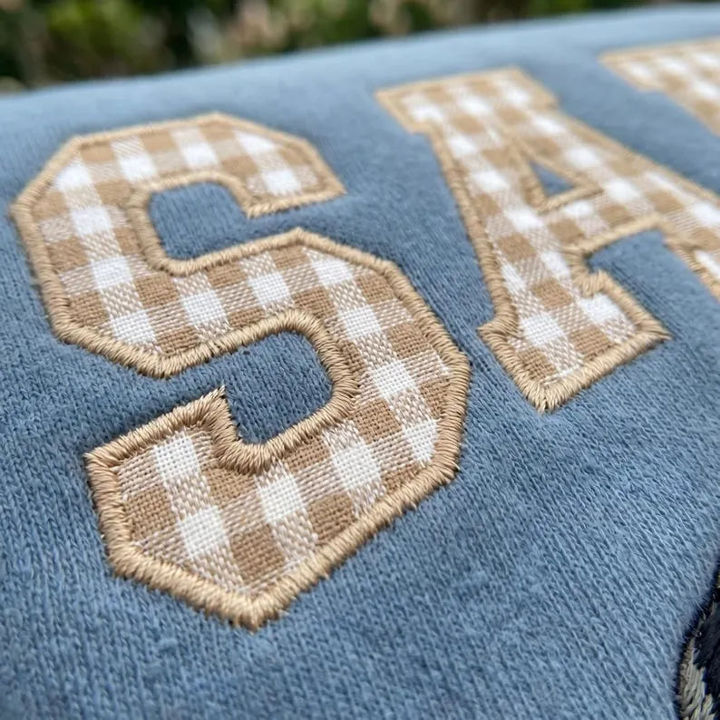 Custom Pet Portrait Embroidered Sweatshirt with Gingham Varsity Name