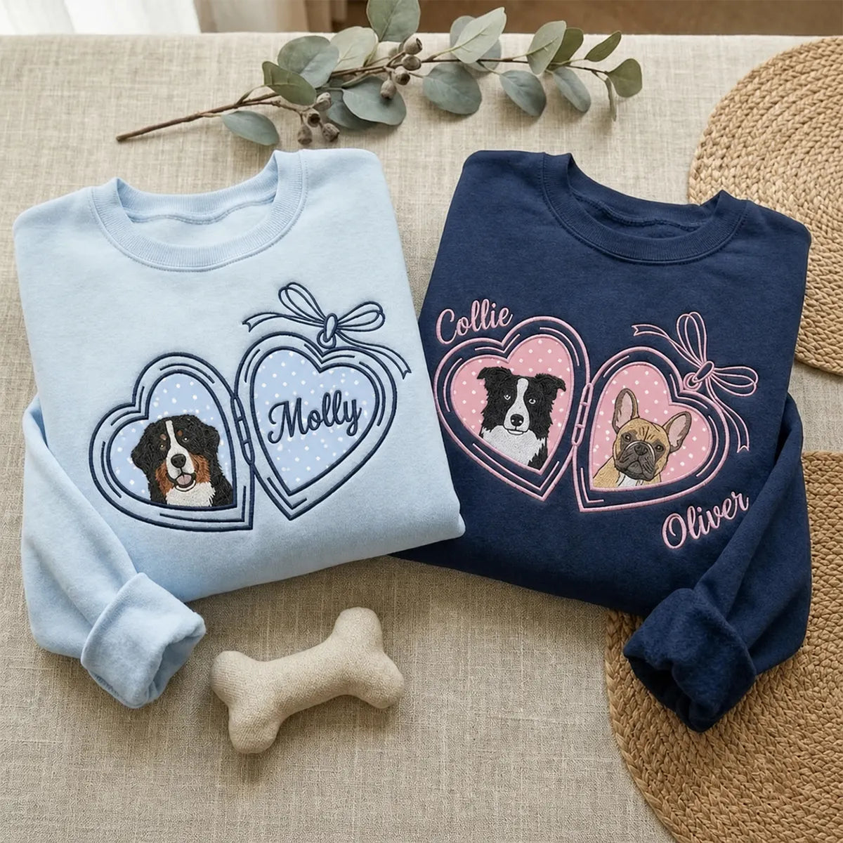 Custom Pet Portrait Embroidered Sweatshirt with Polka Dot Locket Heart Coquette