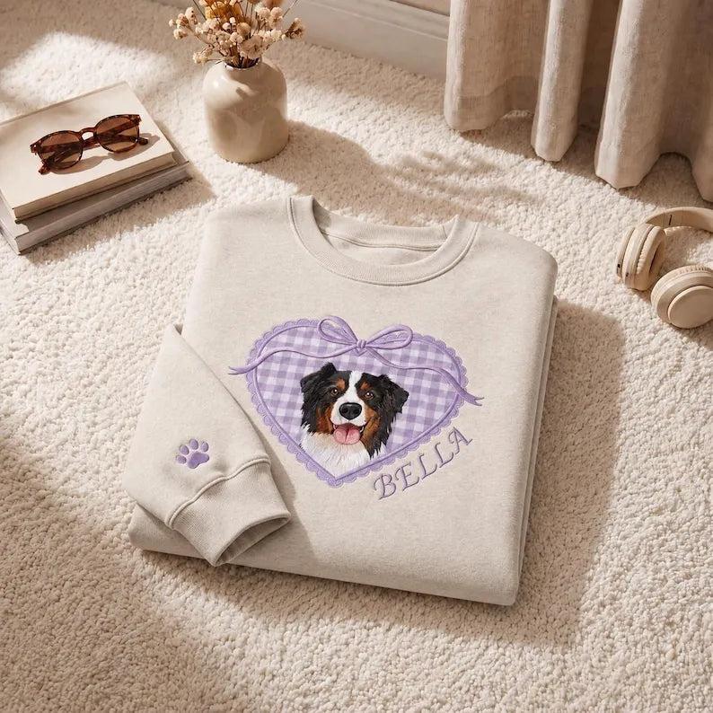 Custom Pet Portrait Embroidered Sweatshirt with Locket Heart Coquette Bow Design