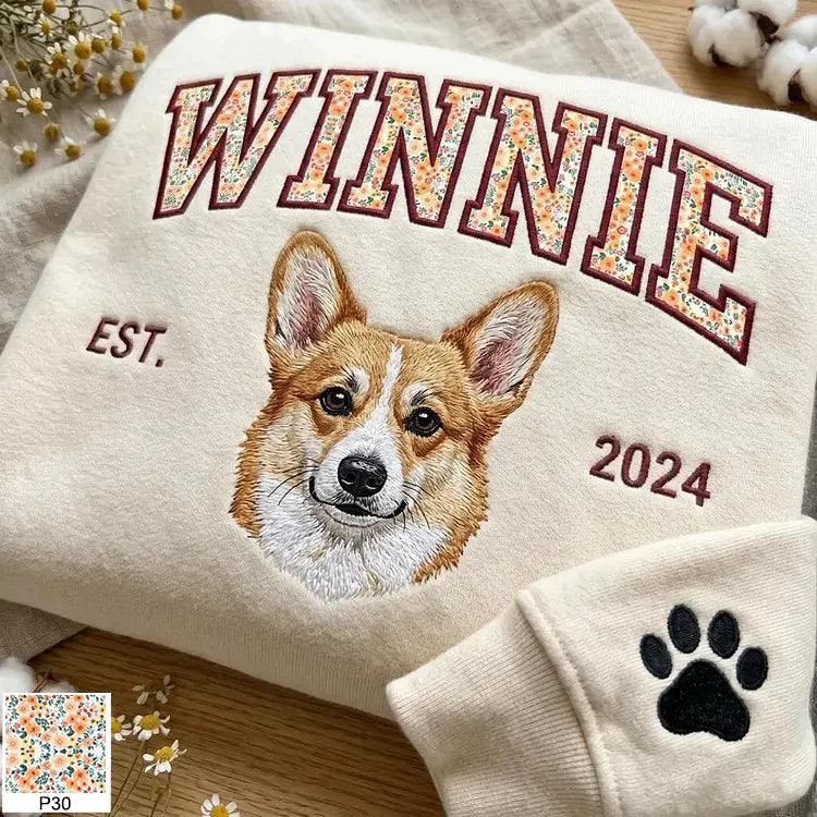 Custom Pet Portrait Floral Applique Embroidered Sweatshirt Hoodie T-shirt