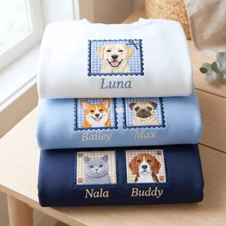 Personalized Pet Portrait Embroidered Sweatshirt with Gingham Appliqué Patch