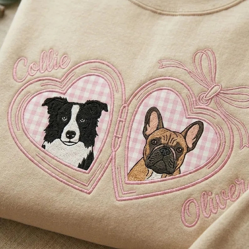 Custom Pet Portrait Embroidered Sweatshirt with Gingham Locket Heart Coquette
