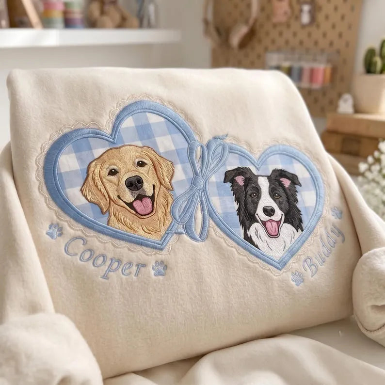 Custom 2-Pet Portrait Embroidered Sweatshirt — Gingham Heart Locket with Coquette Bow