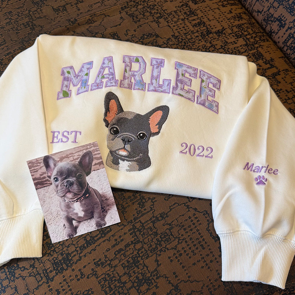 Custom Pet Portrait Floral Applique Embroidered Sweatshirt Hoodie T-shirt