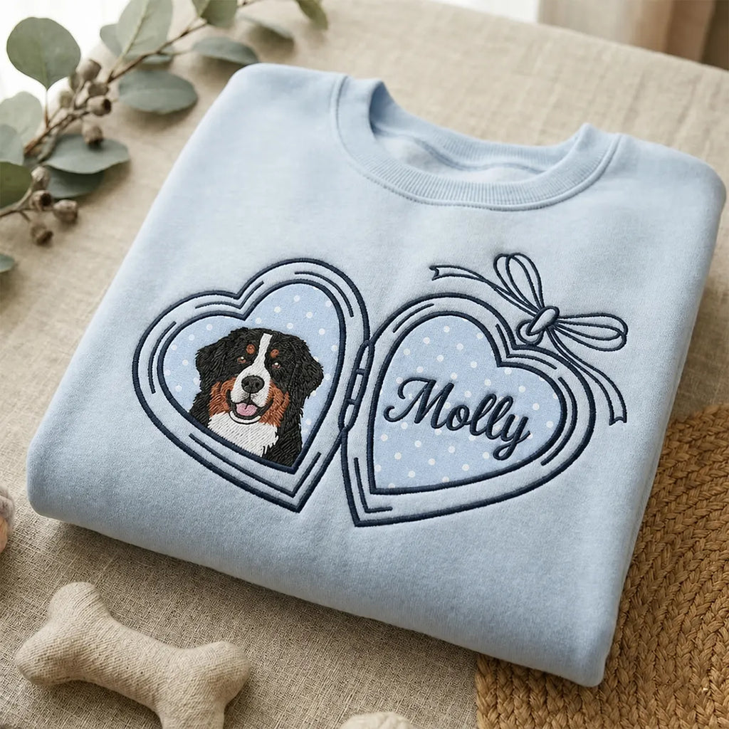 Custom Pet Portrait Embroidered Sweatshirt with Polka Dot Locket Heart Coquette