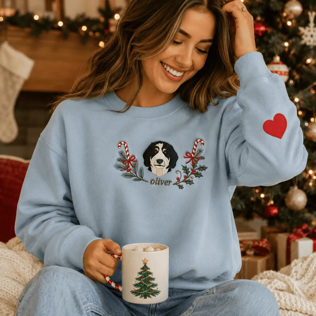 Custom Pet Embroidered Sweatshirt with Christmas Wreath Design, Holiday Pet Lover Gift