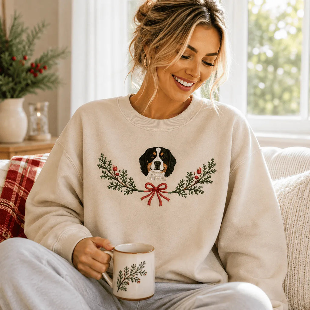 Custom Pet Embroidered Sweatshirt with Christmas Wreath Design, Holiday Pet Lover Gift