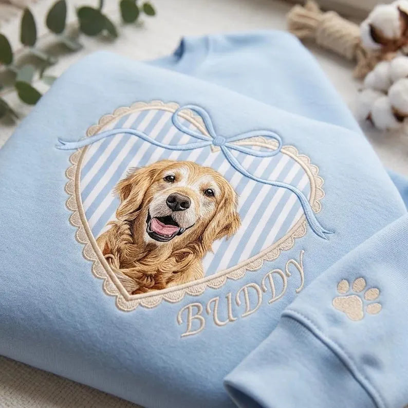 Custom Pet Portrait Embroidered Sweatshirt with Locket Heart Coquette Bow Design