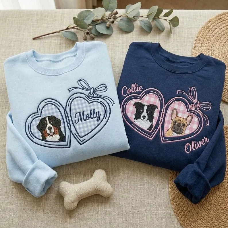 Custom Pet Portrait Embroidered Sweatshirt with Gingham Locket Heart Coquette