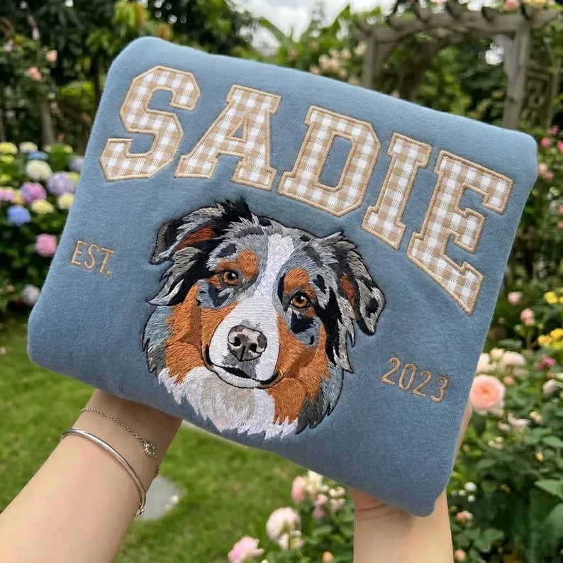 Custom Pet Portrait Embroidered Sweatshirt with Gingham Varsity Name