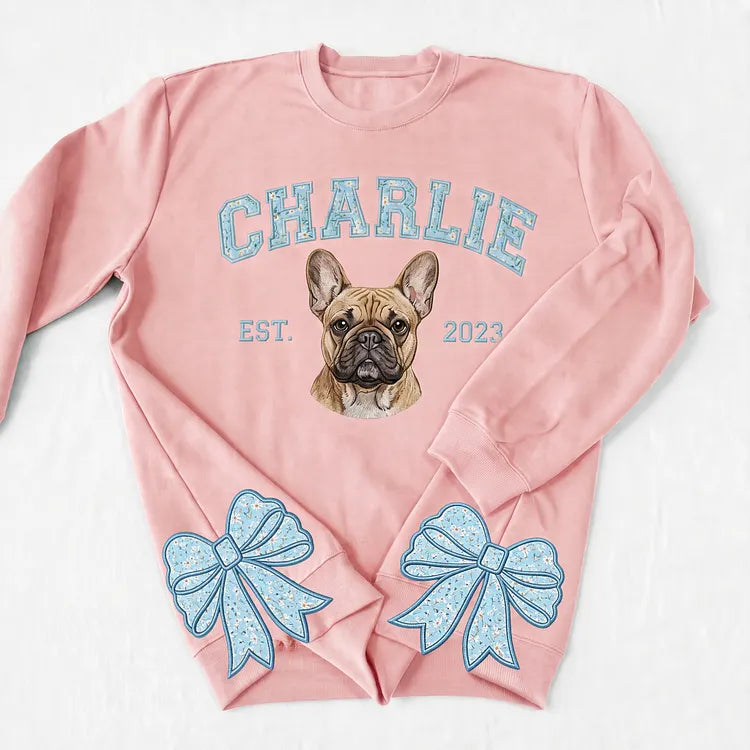 Custom Pet Portrait Floral Applique Embroidered Sweatshirt with Side Bow Detail