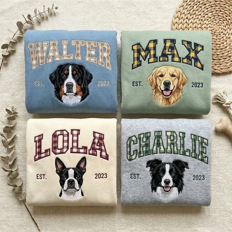 Custom Pet Portrait Embroidered Sweatshirt with Gingham Varsity Name