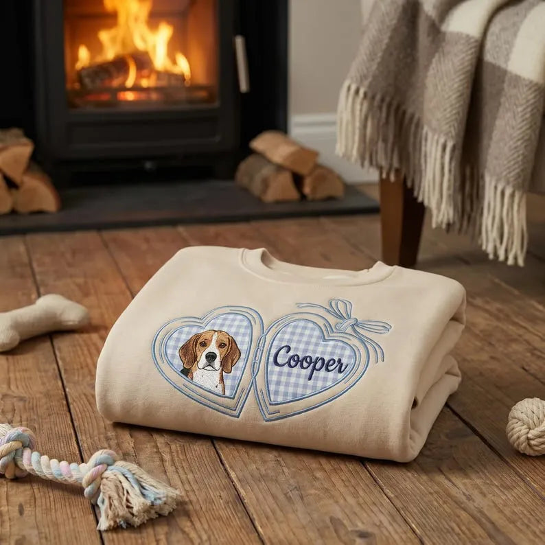 Custom Pet Portrait Embroidered Sweatshirt with Gingham Locket Heart Coquette