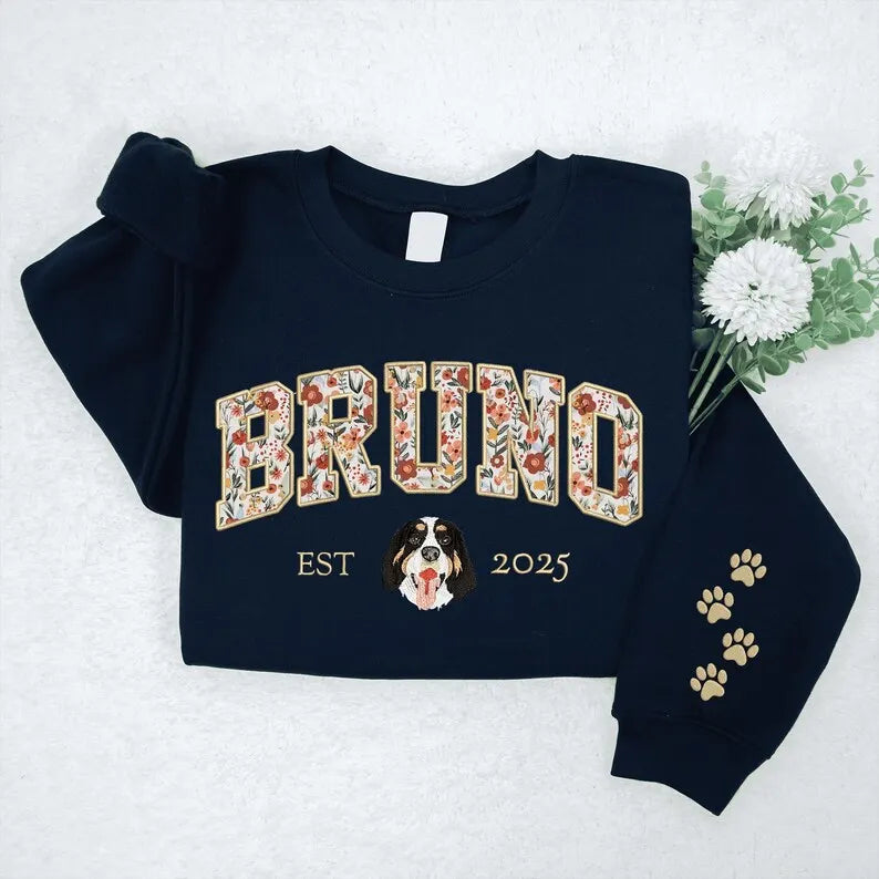 Custom Pet Portrait Floral Applique Embroidered Sweatshirt Hoodie T-shirt