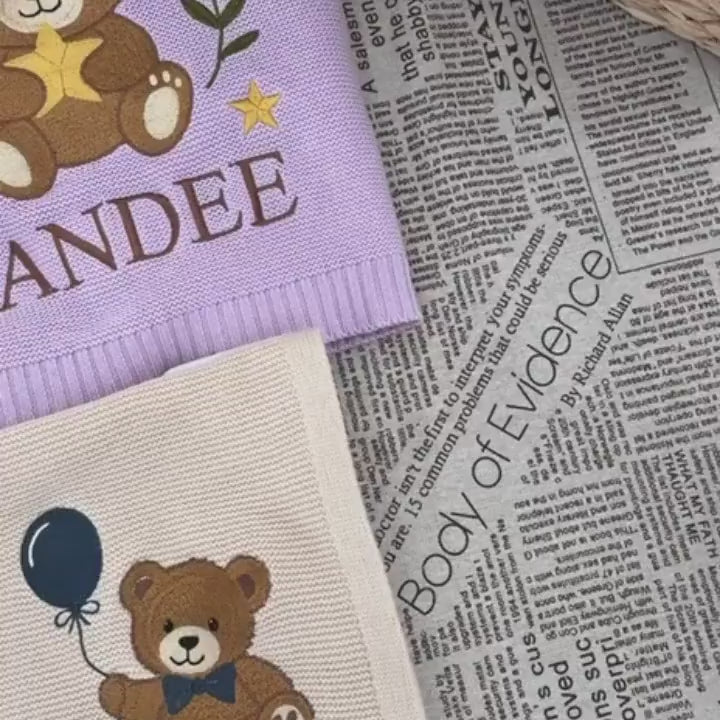 Personalized Teddy Bear Embroidered Baby Blanket, Custom Name Woodland Cabin Nursery Keepsake
